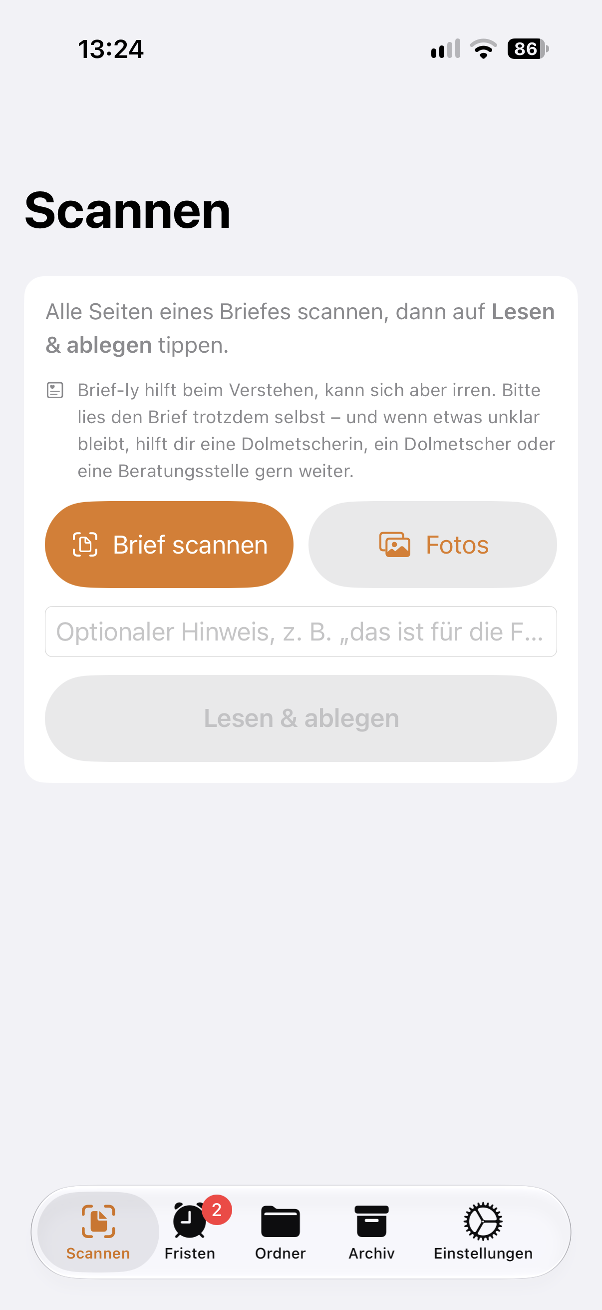 Brief-ly Scannen-Ansicht