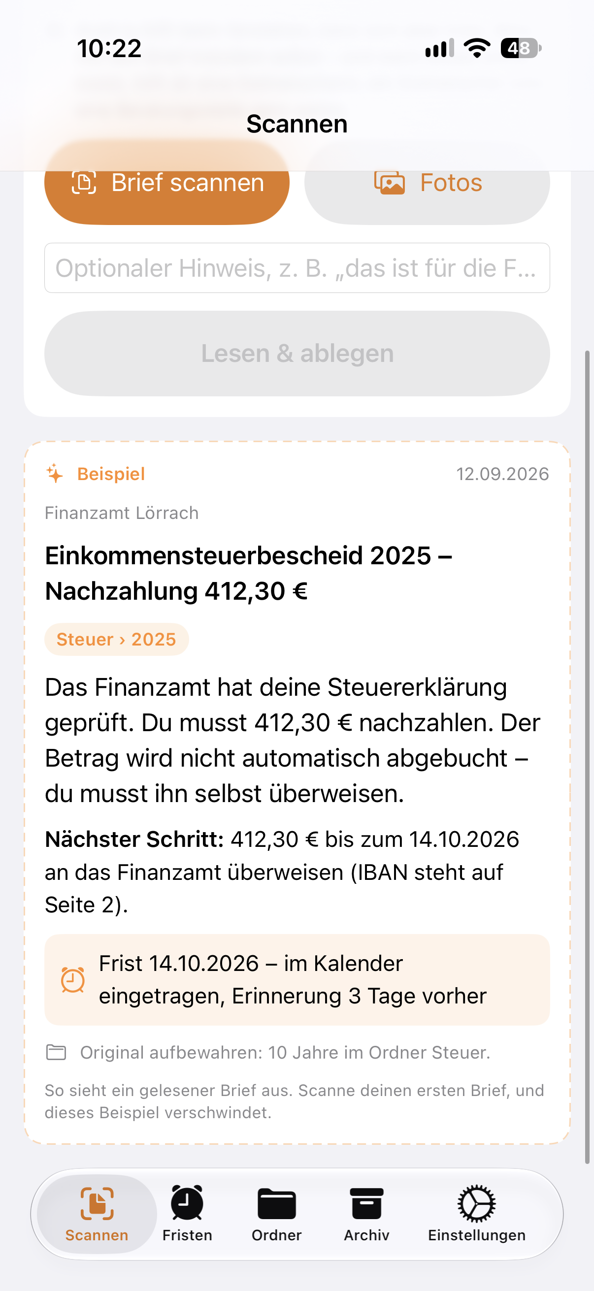 Scan-Ansicht mit Zusammenfassung eines Briefes