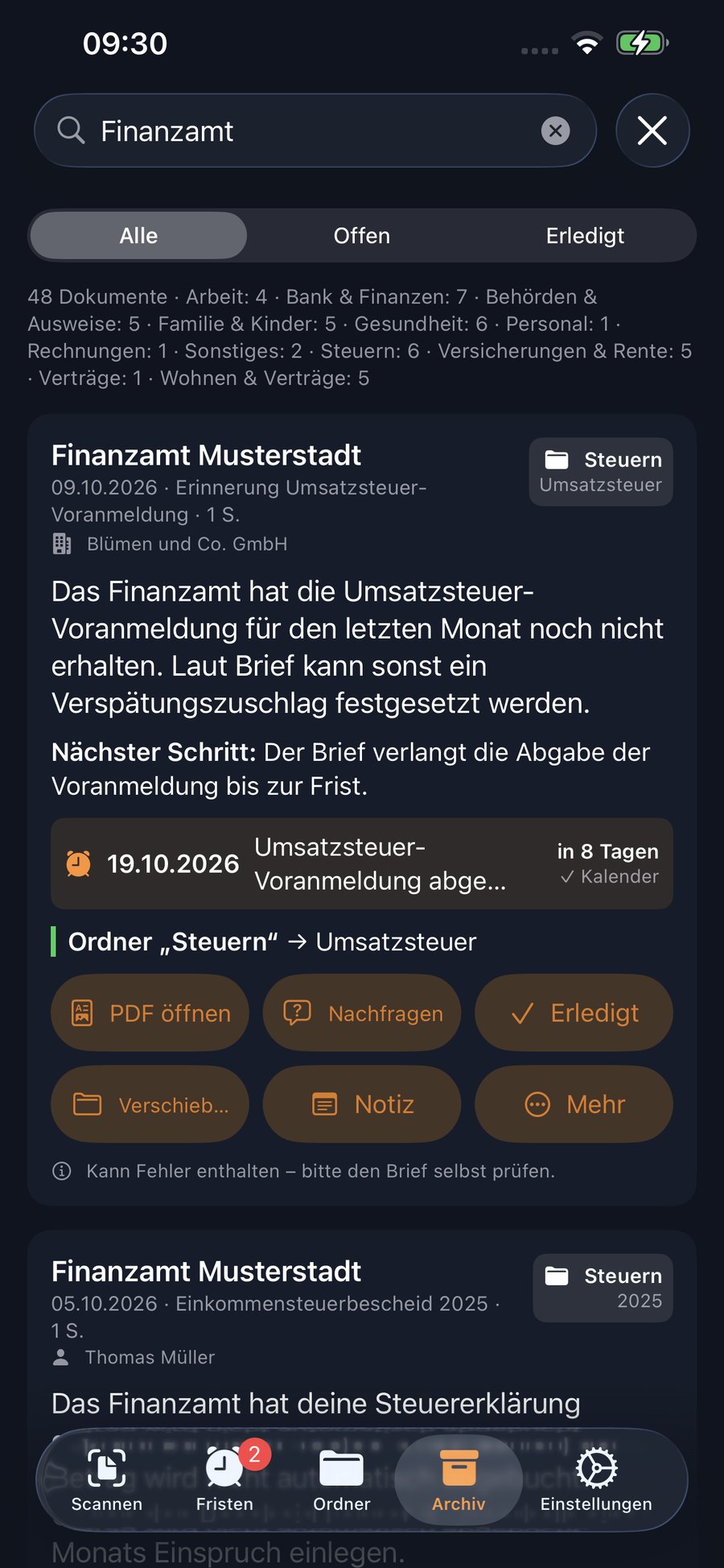 Brief-ly Archiv mit Suche nach Finanzamt
