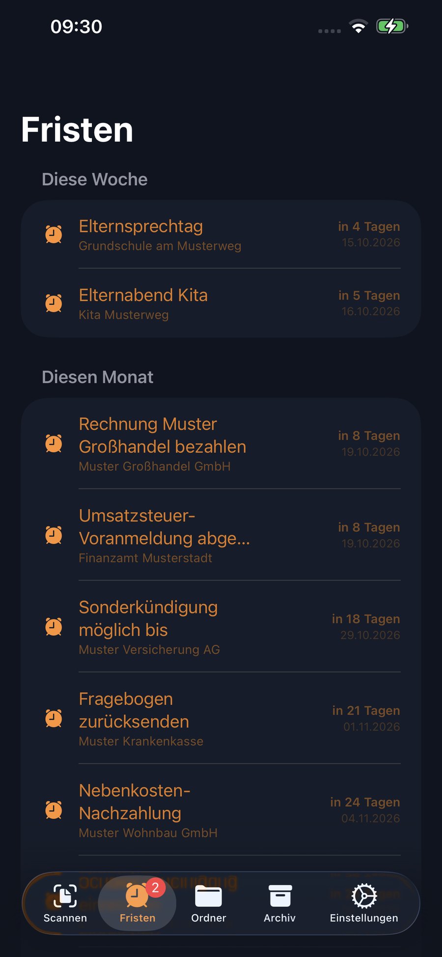 Fristen-Tab mit anstehenden Terminen