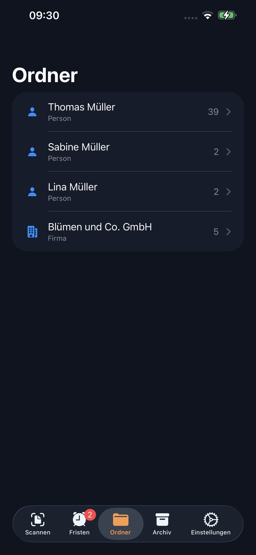 Ordner-Übersicht mit Thomas, Sabine und Lina Müller sowie der Blümen und Co. GmbH