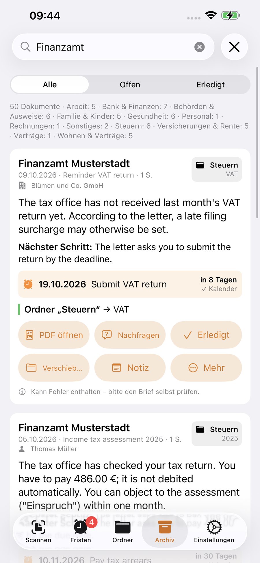 Brief-ly Archiv mit Suche nach Finanzamt
