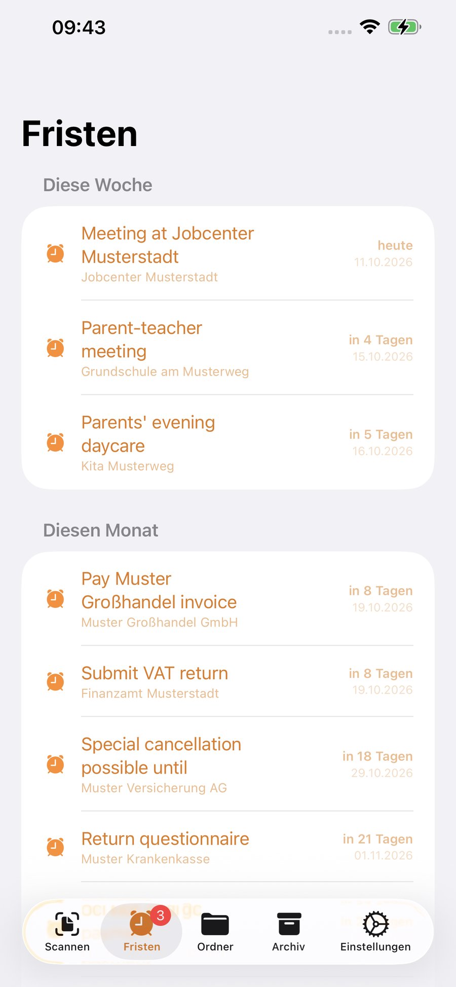 Fristen-Tab mit anstehenden Terminen