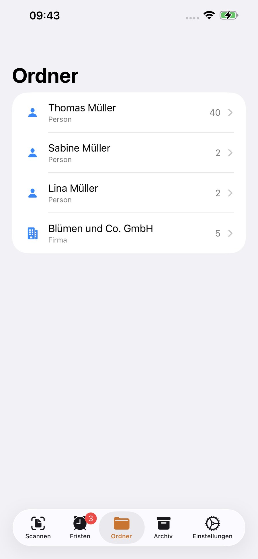 Ordner-Übersicht mit Thomas, Sabine und Lina Müller sowie der Blümen und Co. GmbH